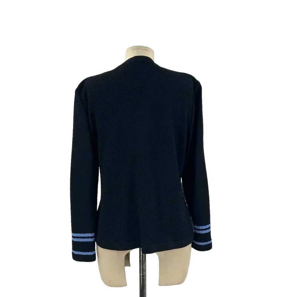 St. John Collection Santana‎ Knit Black Blue Stripe Cardigan Sweater Size 4